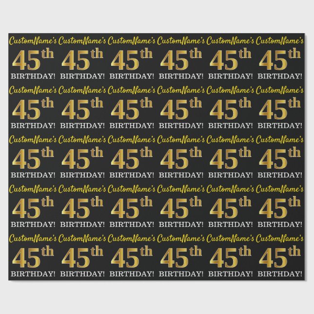 Black, Imitation Guld "45:e BIRTHDAY" Presentpapper (Platt)