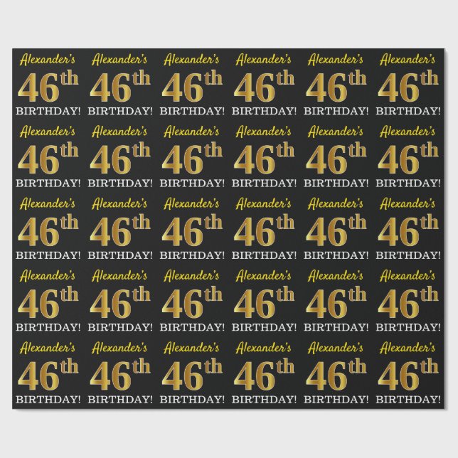 Black, Imitation Guld "46:e BIRTHDAY" Presentpapper (Platt)