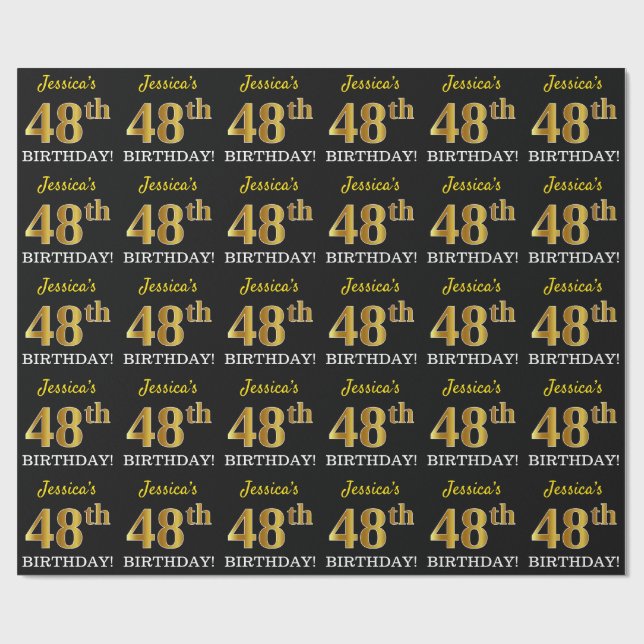 Black, Imitation Guld "48:e BIRTHDAY" Presentpapper (Platt)