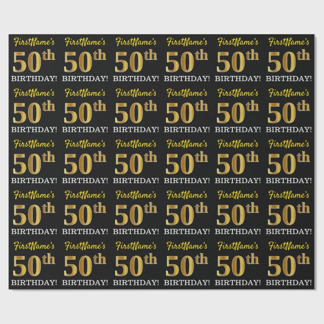 Black, Imitation Guld "50:e BIRTHDAY" Presentpapper (Platt)