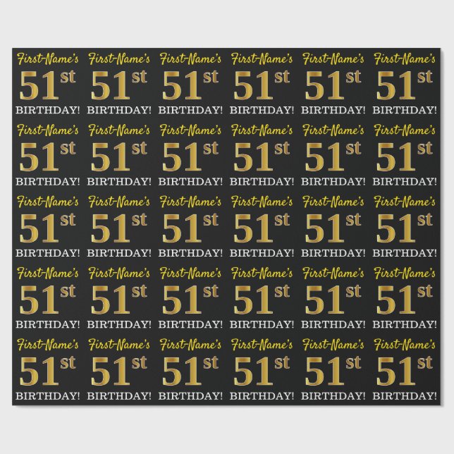 Black, Imitation Guld "51:a BIRTHDAY" Presentpapper (Platt)