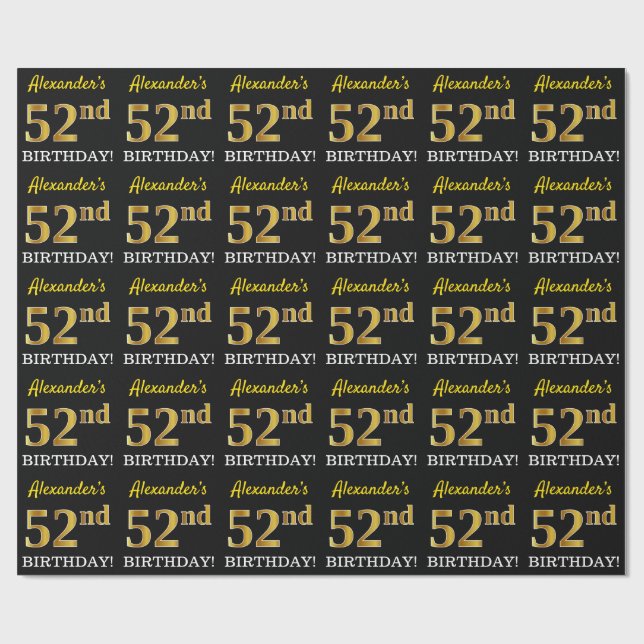 Black, Imitation Guld "52:a BIRTHDAY" Presentpapper (Platt)