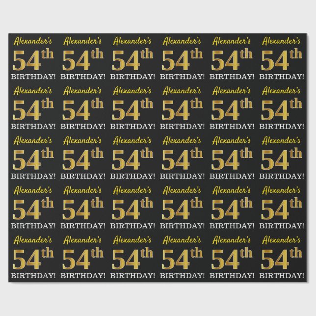 Black, Imitation Guld "54:e BIRTHDAY" Presentpapper (Platt)
