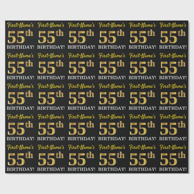 Black, Imitation Guld "55:e BIRTHDAY" Presentpapper (Platt)