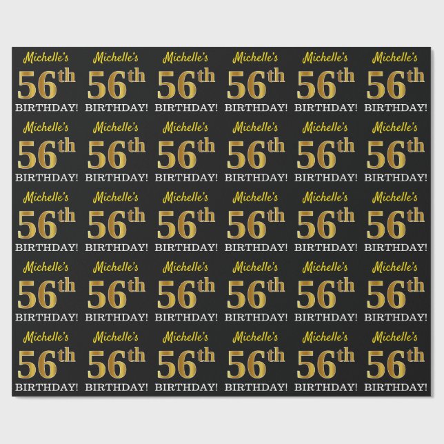 Black, Imitation Guld "56:e BIRTHDAY" Presentpapper (Platt)