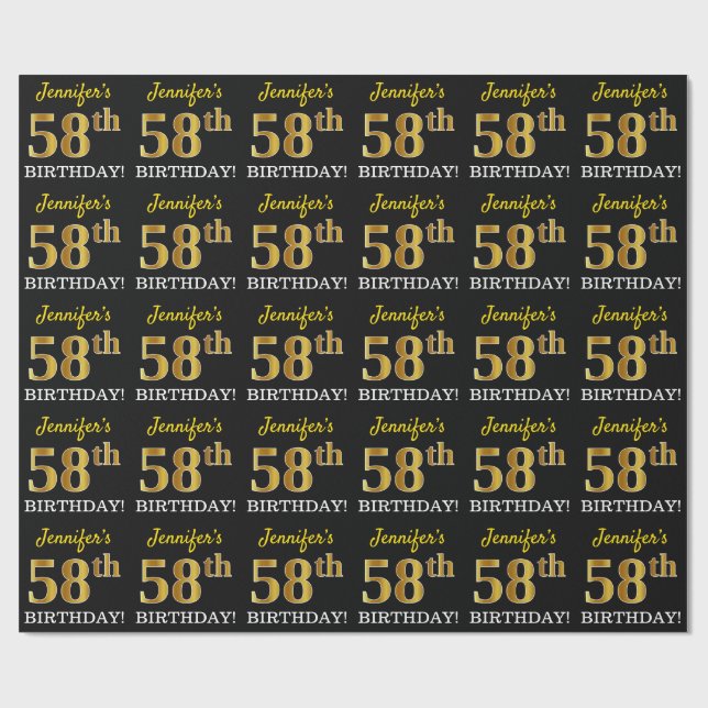 Black, Imitation Guld "58:e BIRTHDAY" Presentpapper (Platt)