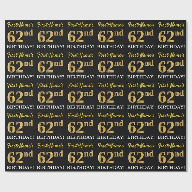 Black, Imitation Guld "62:a BIRTHDAY" Presentpapper (Platt)