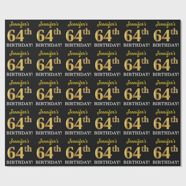 Black, Imitation Guld "64:e BIRTHDAY" Presentpapper (Platt)
