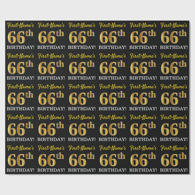 Black, Imitation Guld "66:e BIRTHDAY" Presentpapper (Platt)