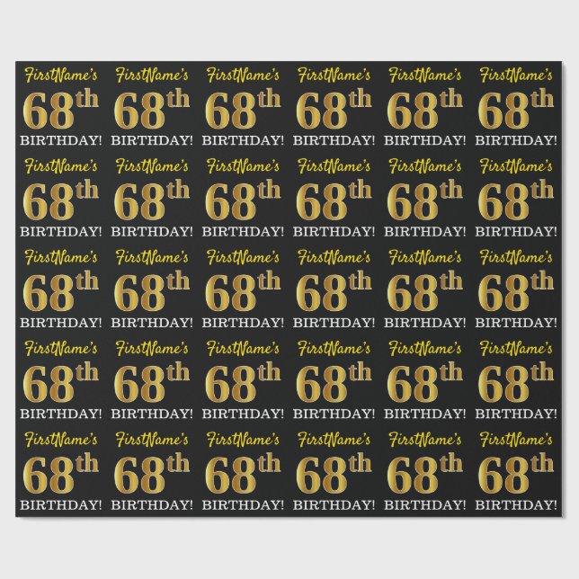 Black, Imitation Guld "68:e BIRTHDAY" Presentpapper (Platt)