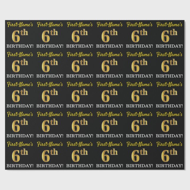 Black, Imitation Guld "6e BIRTHDAY" Presentpapper (Platt)