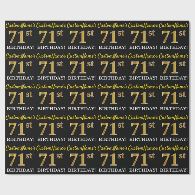 Black, Imitation Guld "71:a BIRTHDAY" Presentpapper (Platt)
