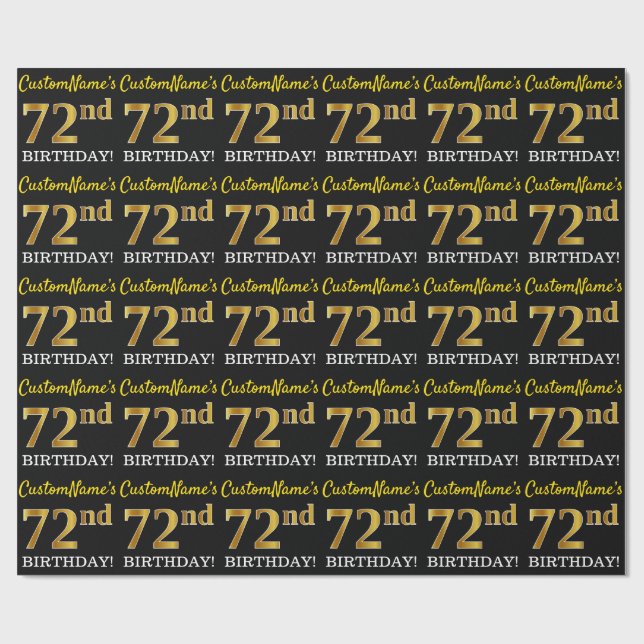 Black, Imitation Guld "72:a BIRTHDAY" Presentpapper (Platt)