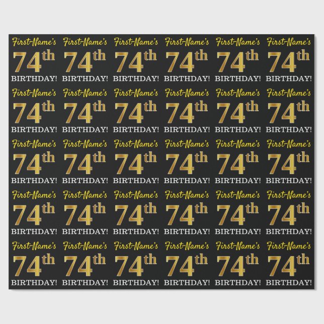 Black, Imitation Guld "74:e BIRTHDAY" Presentpapper (Platt)