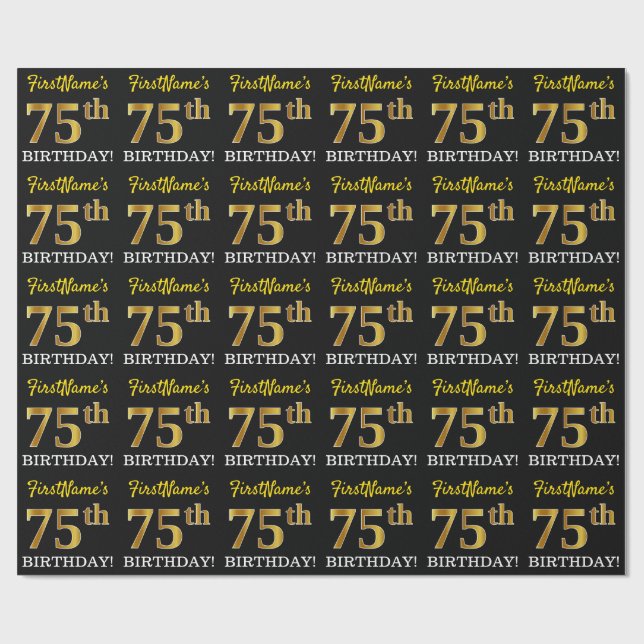 Black, Imitation Guld "75:e BIRTHDAY" Presentpapper (Platt)