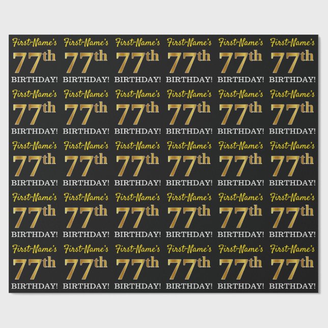 Black, Imitation Guld "77:e BIRTHDAY" Presentpapper (Platt)