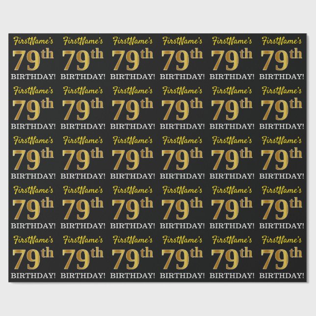 Black, Imitation Guld "79:e BIRTHDAY" Presentpapper (Platt)
