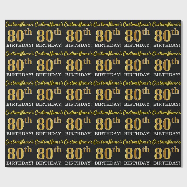 Black, Imitation Guld "80 BIRTHDAY" Presentpapper (Platt)