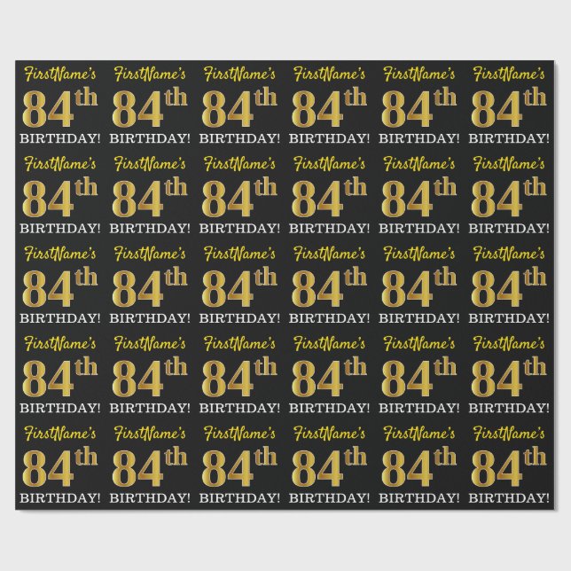 Black, Imitation Guld "84:e BIRTHDAY" Presentpapper (Platt)