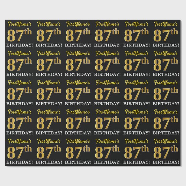 Black, Imitation Guld "87:e BIRTHDAY" Presentpapper (Platt)