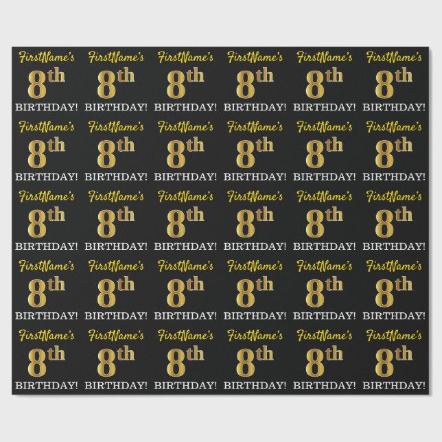 Black, Imitation Guld "8th BIRTHDAY" Presentpapper (Platt)