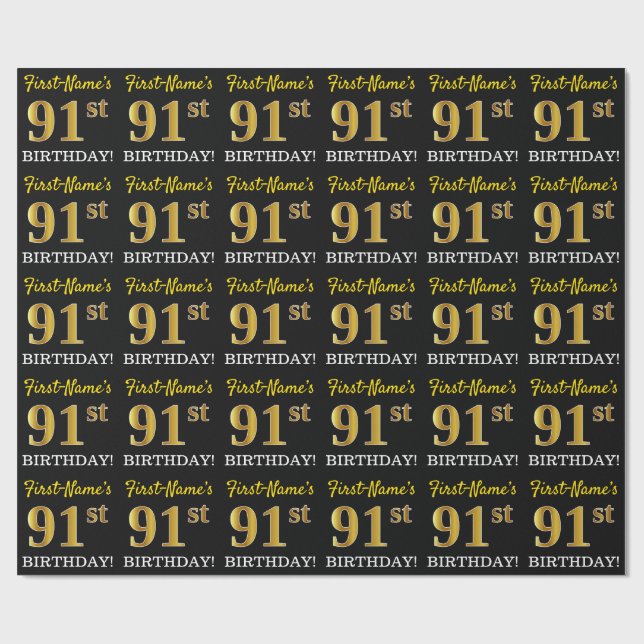 Black, Imitation Guld "91:a BIRTHDAY" Presentpapper (Platt)