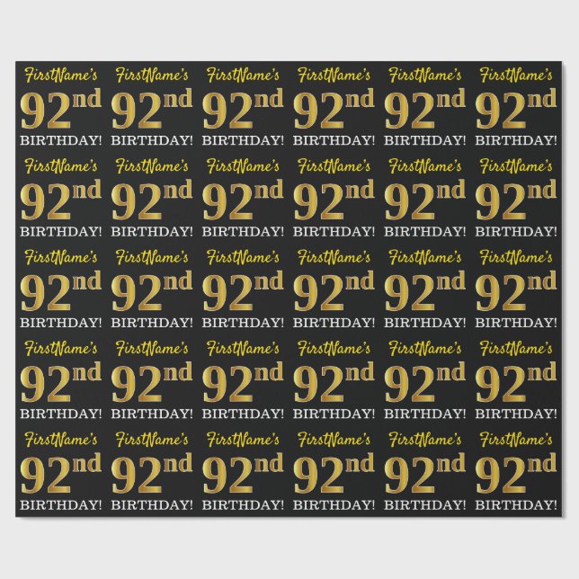 Black, Imitation Guld "92:a BIRTHDAY" Presentpapper (Platt)