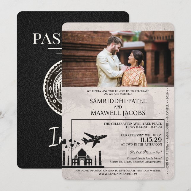 Black India Passport Wedding-inbjudan Inbjudningar (Fram/baksida)