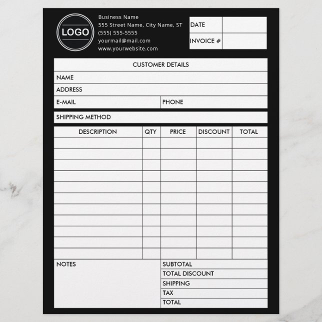 Black Invoice Business Sales Logo Form Receipt Brevhuvud (Framsida)