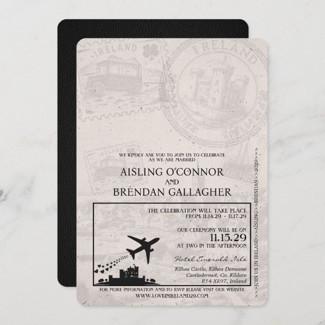 Black Ireland Passport Wedding-inbjudan Inbjudningar (Fram/baksida)