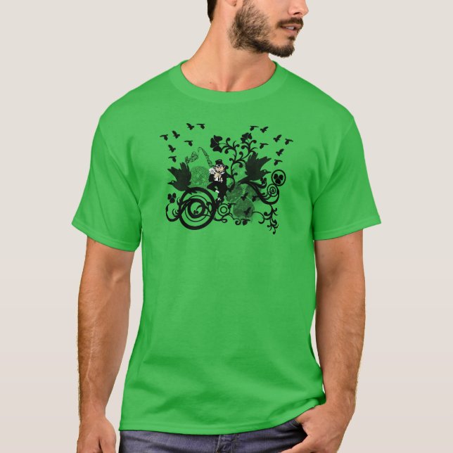 Black Irish Swirls and Leprechaunss Tee Shirt (Framsida)