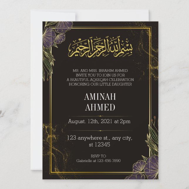 Black Islamic Guld Blommigt aqiqah Inbjudningar (Framsida)