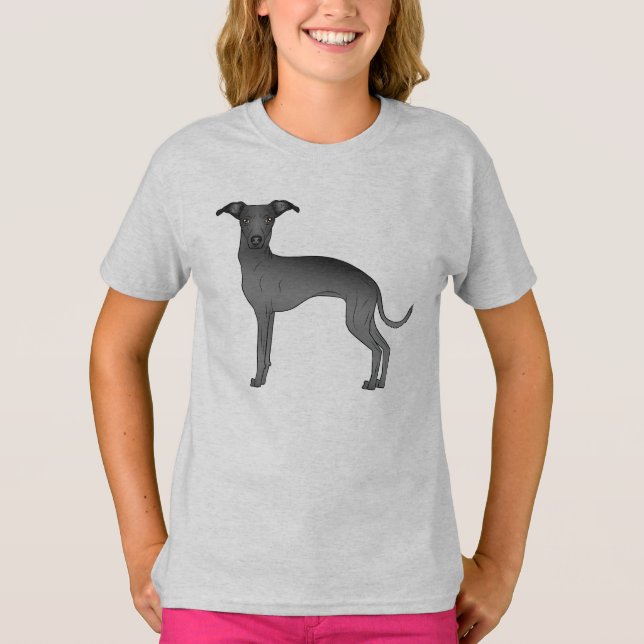 Black Italienska Greyhound Cute Tecknad hund T Shirt (Framsida)