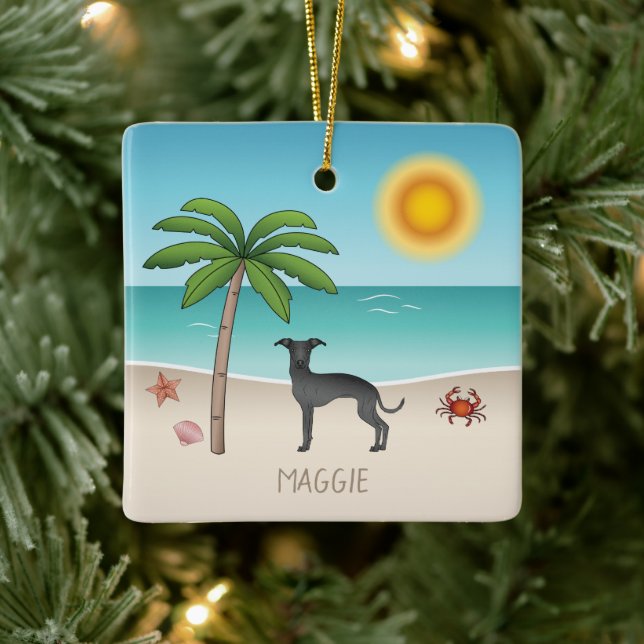 Black Italy Greyhound vid Tropical Summer Beach Julgransprydnad Keramik (Träd)
