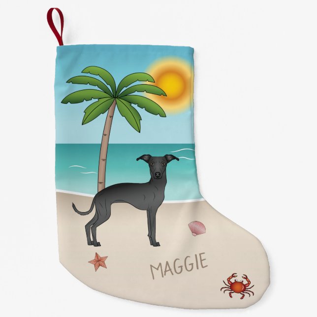 Black Italy Greyhound vid Tropical Summer Beach Liten Julstrumpa (Framsidan)