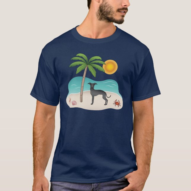 Black Italy Greyhound vid Tropical Summer Beach T Shirt (Framsida)