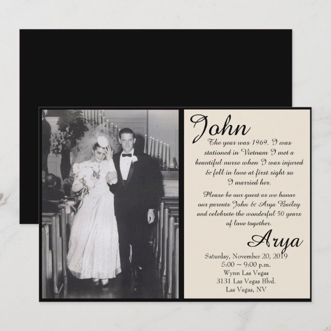 Black & Ivory 50 år av kärlek årsdag inbjudan (Fram/baksida)