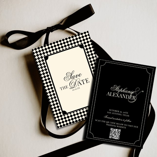 Black & Ivory Checkered Old Money QR Code Wedding Spara Datumet (Skapare uppladdad)