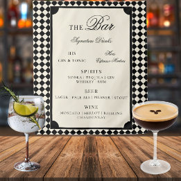 Black Ivory Checks Old Money Wedding Bar Menu Sign