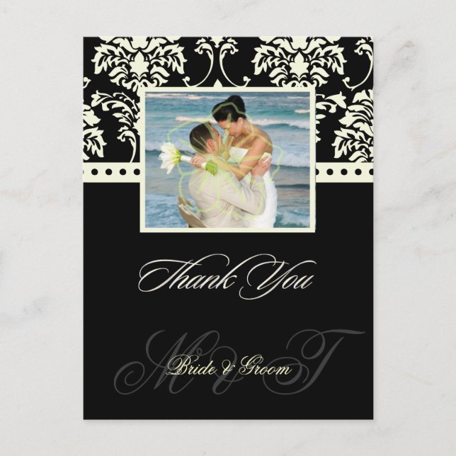 Black + Ivory Damask Tack Photo-vykort, Vykort (Framsida)