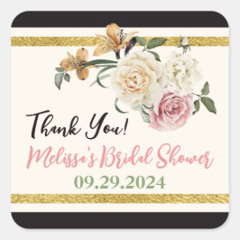 Black, Ivory, Guld Blommigt Bouquet Fyrkantigt Klistermärke