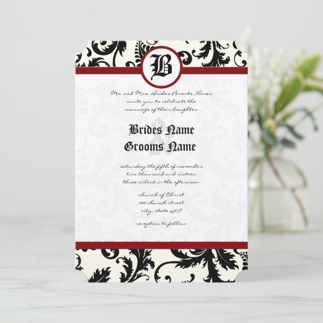 Black Ivory & Maroon Damask Wedding Inbjudningar (Stående Fram)