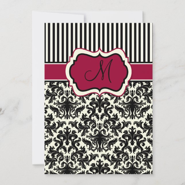 Black, Ivory, Red Rand Damask Monogram Inbjudan (Framsida)