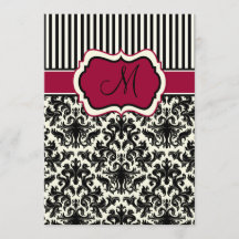Black, Ivory, Red Rand Damask Monogram Inbjudan