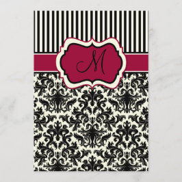 Black, Ivory, Red Rand Damask Monogram Inbjudan