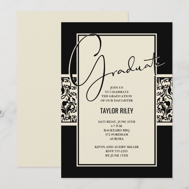 Black Ivory Studenten Damask Inbjudningar (Fram/baksida)