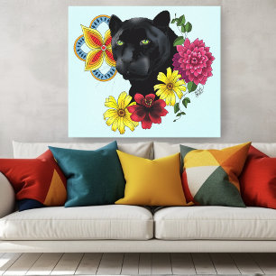 Black Jaguar Porträtt Flowers Canvastryck