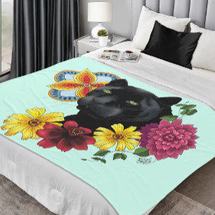 Black Jaguar Porträtt Flowers Fleecefilt