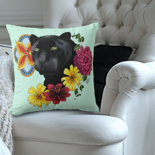 Black Jaguar Porträtt Flowers Kudde