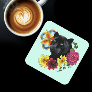 Black Jaguar Porträtt Flowers Underlägg Papper Kvadrat